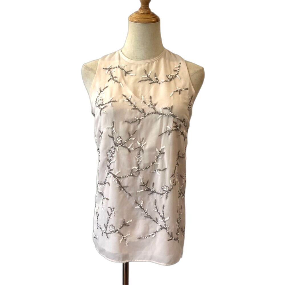 White House Black Market WHBM Cream Top Beaded Tank 00 Petite Lined
